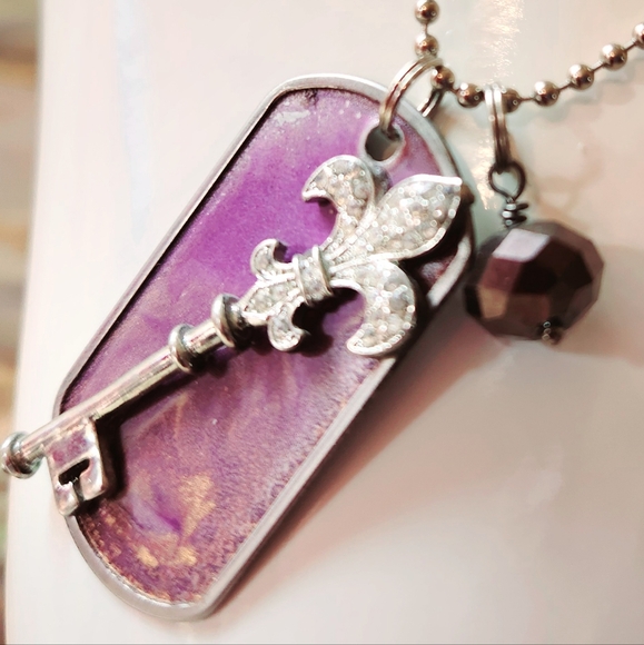 CHROME HEARTS Purple Pendant Rhinestones Fleur de Lis Silver Crystal Dog Tag 24" - Picture 7 of 16